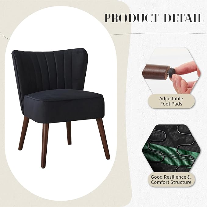 Velvet Accent Chair Set of 2 with Wing Backrest Mid Century Modern Living Room Chairs with Wooden Legs Comfy Single Sofa Side Chair for Living Room Kitchen Dining Room Bedroom Black