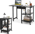 Tangkula Folding Computer Desk Modern Writing Table w/ 2-Tier Storage Shelves PC Laptop Study Table Workstation w/ 6 Wheels Space Saving Compact Home Office Desk for Small Apartment (Black)