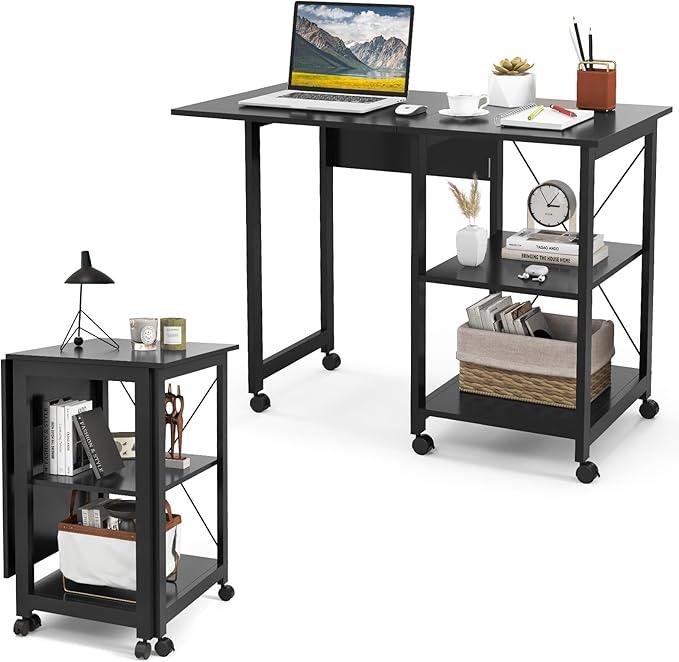 Tangkula Folding Computer Desk Modern Writing Table w/ 2-Tier Storage Shelves PC Laptop Study Table Workstation w/ 6 Wheels Space Saving Compact Home Office Desk for Small Apartment (Black)