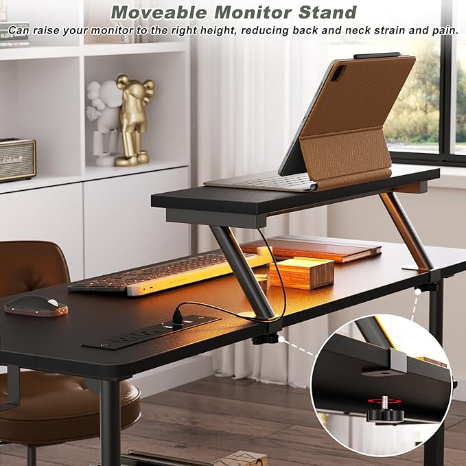 Height Adjustable Standing Desk with Power Outlets and LED Lights - 39 Manual Stand Up Desk with Monitor Stand and Storage Shelves Small Mobile Rolling Computer Desk Portable Laptop Table Black