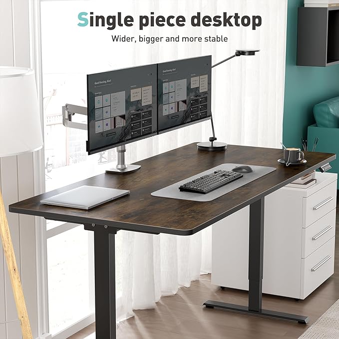 One-Piece Electric Standing Desk 48 x 24 Inch Adjustable Height Sit to Stand Up Desk for Home Office Work &amp Study Black Frame &amp Brown Desktop (2 Packages)