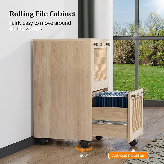 VINGLI 2 Drawer File Cabinet with Lock Rolling File Cabinets for Home Office Small Printer Stand Wood Rattan Oak File Organizer Under Desk Filing Cabinet on Wheels for Folders with Tabs