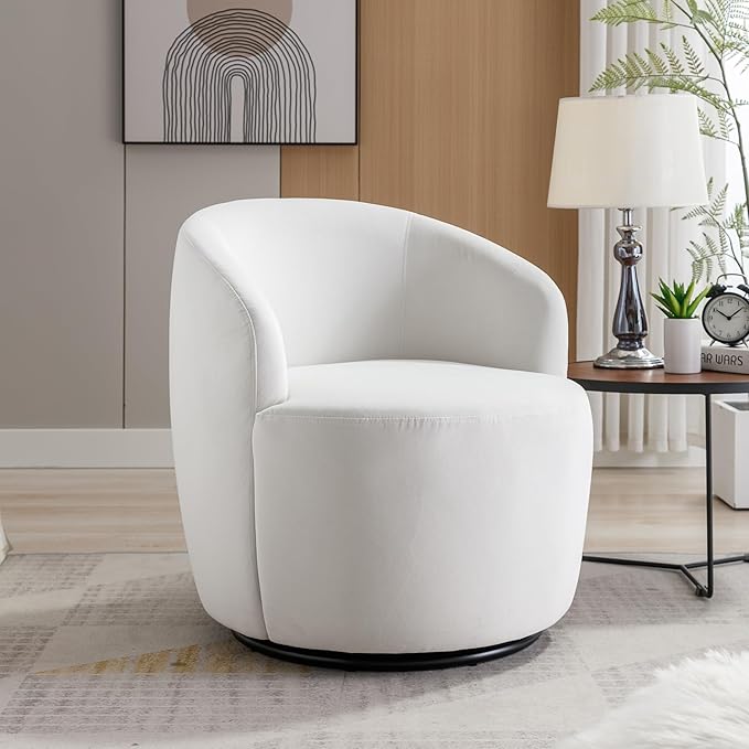 Swivel Barrel Accent Chair Velvet 360° Swivel Chair Small Leisure Chair Single Sofa Chair with Metal Swivel Base for Living Room Hotel Bedroom Office Coffee Shop (White + Velvet)