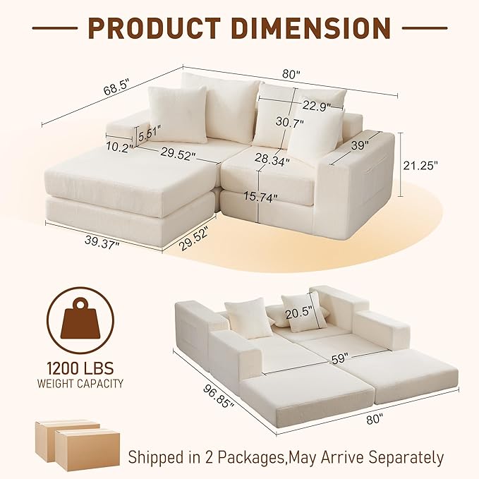 80'' Modular Sectional Couch with L-Shape Chaise Modern Boneless Loveseat Cloud Couch for Living Room Sofa Bed with Deep Seat No Assembly Sleeper Sofa for Living room Apartment and Bedroom