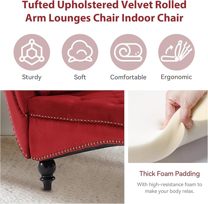 Velvet Chaise Lounge Chair Indoor Comfy Upholstered Chaise Lounge with Pillow and Solid Wood Legs Button Tufted Leisure Sofa Recliner for Living Room Bedroom Office Apartment (Red)