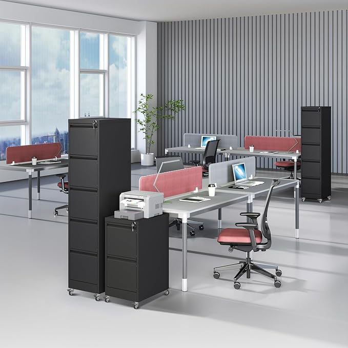 5 Drawer File Cabinet with Wheels Metal Mobile File Cabinet with Lock Rolling Filing Cabinet Home Office for Hanging File Folders Letter Size Legal Size A4 Size Require-Assembled Black