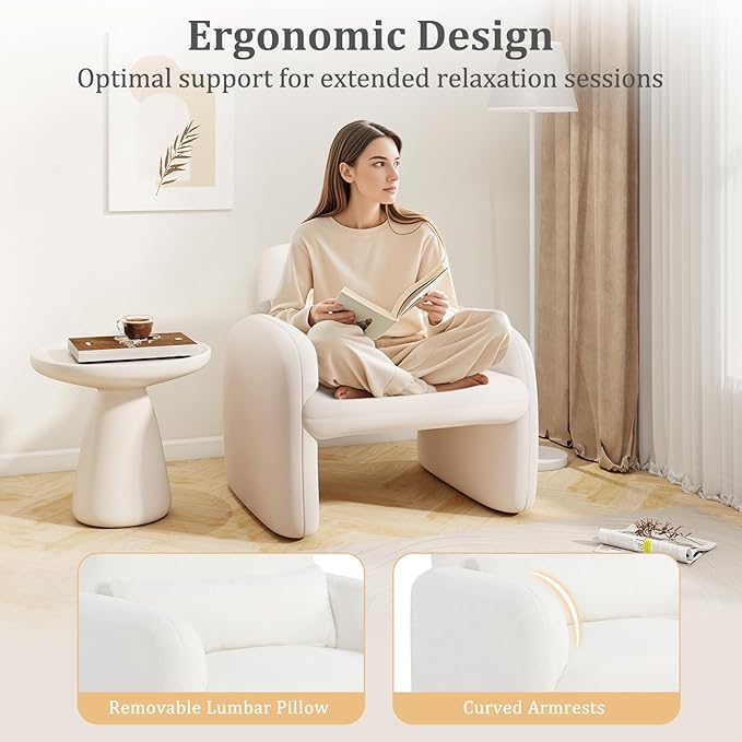 Giantex Set of 2 Accent Chairs for Living Room Modern Sherpa Fabric Upholstered Armchair w/Waist Pillow Comfy Reading Chair w/Armrests Small Single Sofa for Bedroom Reception Office White