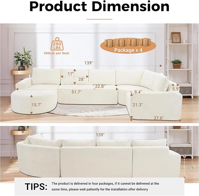 139 Oversized Modular Sectional Sofa U Shaped Couch with Deep Seat Modern Upholstered Couches Comfy 5 Seat Corner Couch for Living Room No Assembly Required (Beige 139)