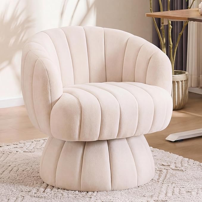 Mid Century Modern 360 Degree Barrel Swivel Accent Sofa ChairFluffy Velvet Fabric Lounge Wide Upholstered Pumpkin Reading Chair Round Cloud Armchair for Living RoomBedroomVanity(Beige)