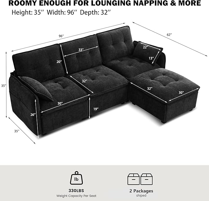 Oversized Modular Sectional Sofa with Ottoman 96.5 Inch 3 Seat Deep Seat Chenille Couch Convertible L Shaped Sofa with Pillows Comfy SeatingCouch for Living Room Apartment Office (Black)