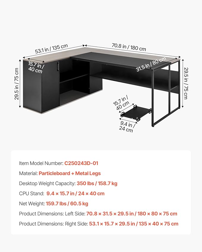 VEVOR 71 L-Shaped Executive Desk Large Computer Desk with Drawers File Storage Cabinet CPU Stand 350 LBS Load Capacity Corner Table Easy Assembly for Work Study