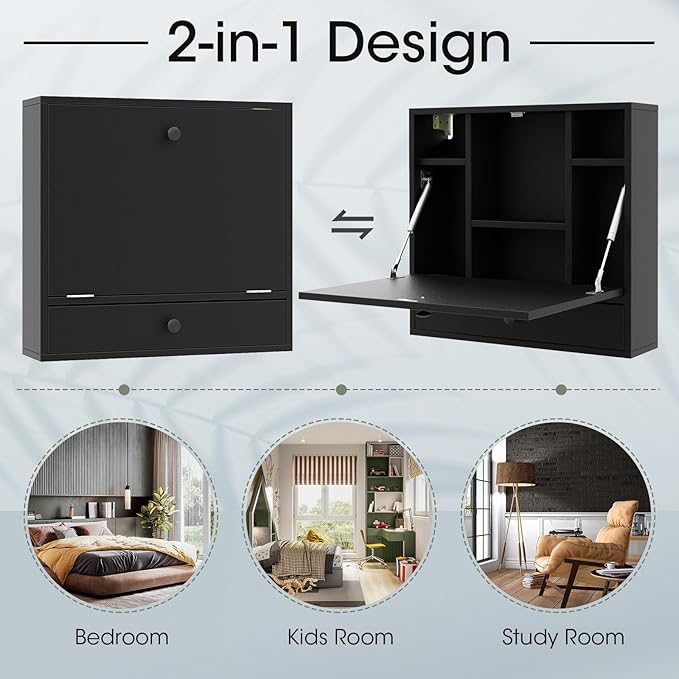 Tangkula Wall Mounted Desk Folding Floating Wall Mount Laptop Desk Space Saving Wall Mounted Table with Storage Drawer &amp Shelves (Black)