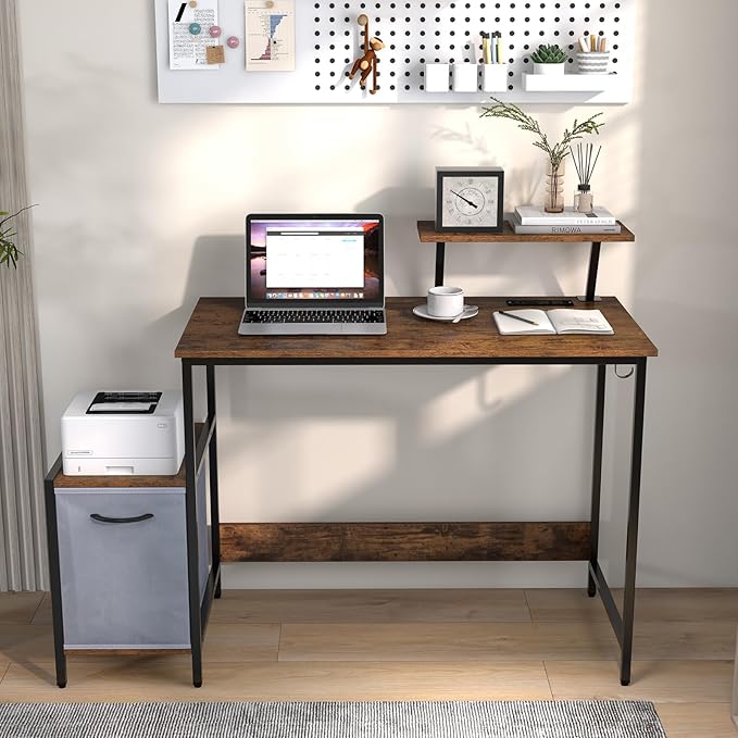 Tangkula Computer Desk with Charging Station Home Office Desk with Reversible Fabric Drawer Headphone Hook &amp Elevated Shelf Study Writing Table Industrial PC Workstation for Home