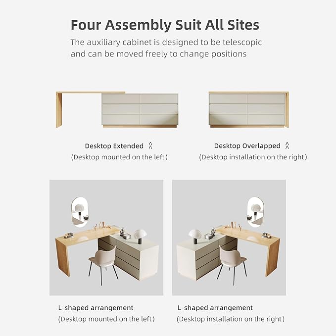 Mid - Century Modern Stretchable L-Shaped Desk with Drawers 56 to 98.5 Extendable Writing Desk with Storage for Home Office Bedroom &amp Living Room Beige