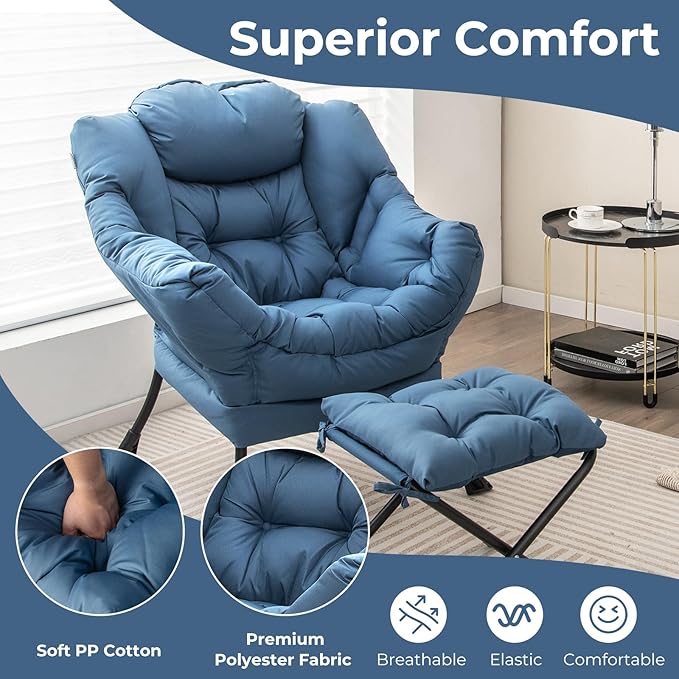 KOMFOTT Lazy Chair with Ottoman Set of 2 Leisure Upholstered Reading Sofa Chair with Armrests &amp Side Pocket Modern Lounge Accent Chair with Folding Footrest for Living Room Bedroom Balcony Bl