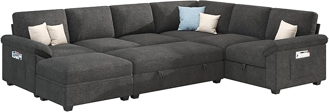 VanAcc 105 Sofa Bed Sectional Sleeper Sofa with Pull Out Bed/Reclining Backrest Sleeper Couch Bed with Storage 6 Seater Couch Bed for Living Room Chenille Dark Gray