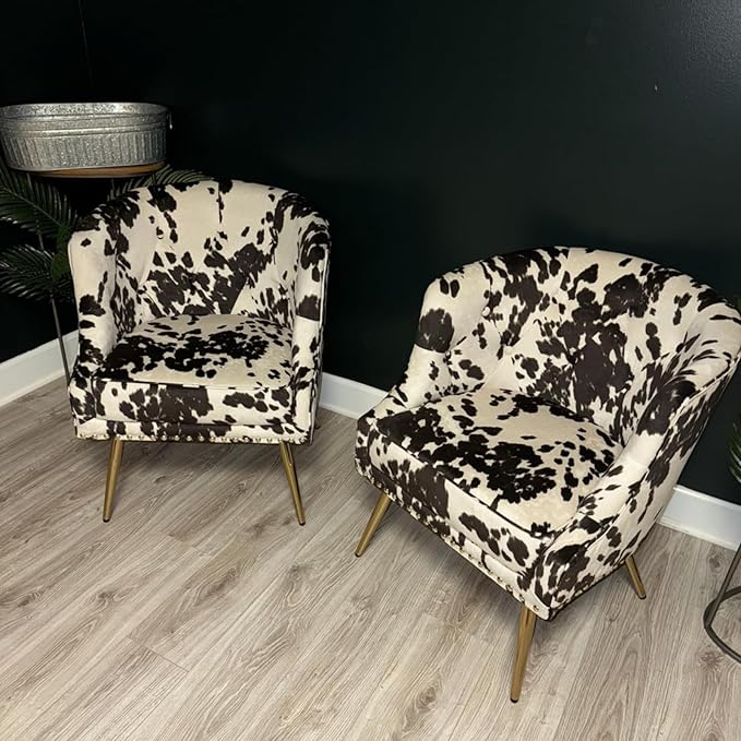 Modern Armchair Living Room Chair Small Tufted Linen Accent Chair for Bedroom with Upholstered Cushion Comfy Bedroom Chair with Golden Metal Legs Nailed Decorative (Cow)