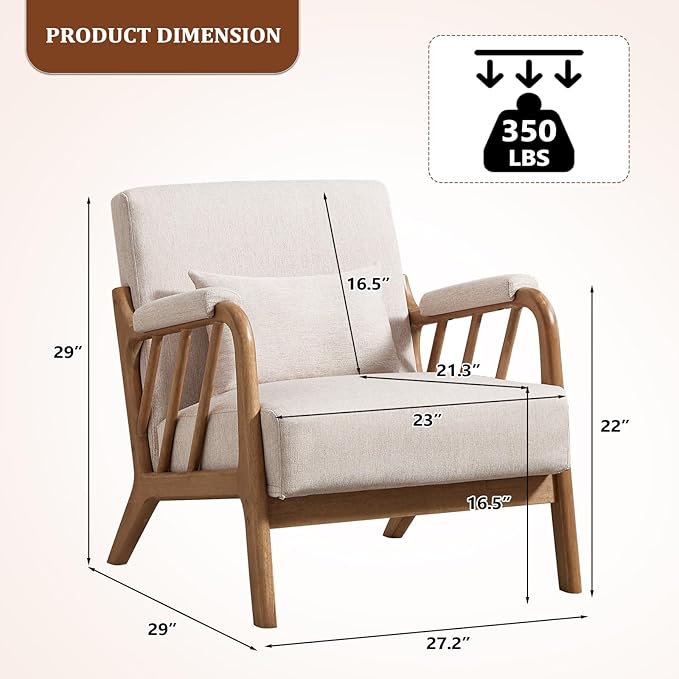 ANJ Mid Century Modern Accent ChairLiving Room Chairs with Wood Frame &ampLumbar Pillow Upholstered Reading Armchair for Bedroom