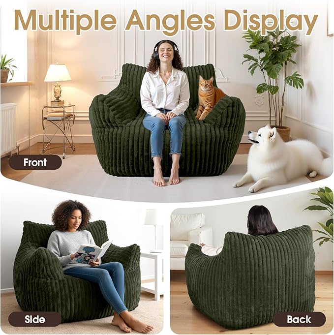 Giant Bean Bag Chair with Ottoman Oversized Plush Comfy Bean Bag Sofa for Adults and Kids Memory Foam Mini Couch Single Lounges for Living Room Bedroom &amp Game Room(Green)