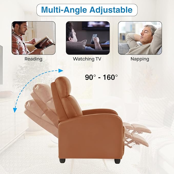 Recliner Chair PU Leather Reclining Sofa Lounge Home Theater Seating with Lumbar Support Overstuffed High-Density Sponge Push Back Recliners Armchair for Living Room Tan