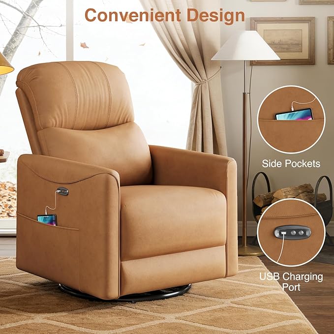 Kidirect Power Swivel Rocker Recliner 360° Swivel Recliner Chairs for Nursery Pu Leather Power Recliner Chair with USB Port and Side Pocket Electric Glider Rocking Chair for Living Room
