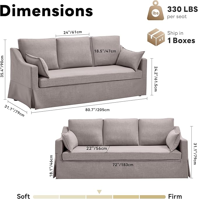 Tbfit 80.7 Slipcovered Couch 3 Seater Sofa Vintage Sofas with Removable Cover Pocket Spring Cushion Mini Couches Living Room Furniture for Home Apartment Farmhouse Gray