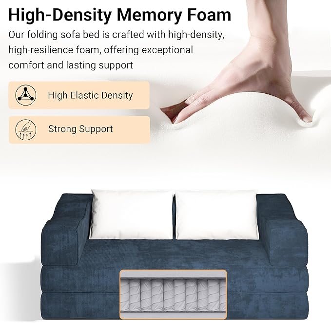 80 Foldable Chenille Futon Sofa Bed 4-in-1 Convertible Couch with 2 Pillows King-Size Floor Lounger for Living Room Guest Room Dorm - No Assembly (Blue 80in)