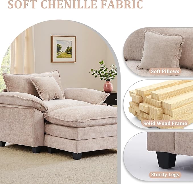 Oversized Accent Chair with OttomanOversize Chair Chenille Sofa with ArmrestsComfy Living Room Sofa with Deep Seat &amp PillowsOversized Reading Accent Chairs Couch Lounge for Bedroom (Khaki)