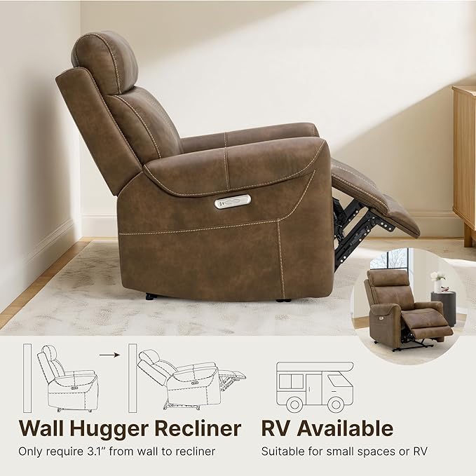 Wall Hugger Recliner Chair for Adults Faux Leather RV Recliner with USB Charging Ports Electric Power Reclining Sofa for Living Room Home Theater Seating Bedroom