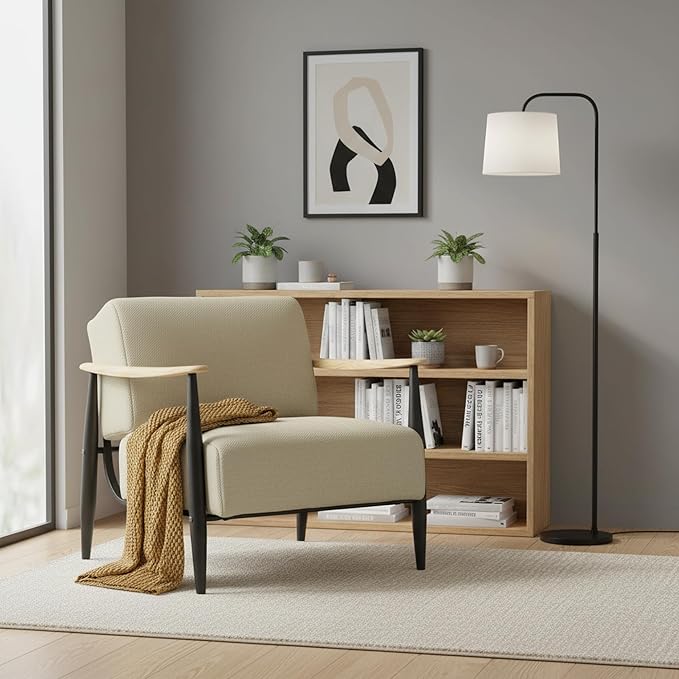 Homy Casa Mid-Century Modern Accent Chair with Fabric Upholstery Solid Wood Armrests and Sturdy Metal Frame Comfy Lounge Chair for Living Room Bedroom Reading Corner or Office (Beige-Oak)