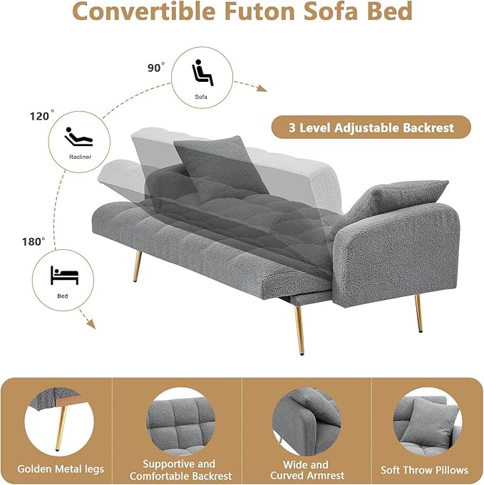Teddy Futon Sofa Bed69 Modern Small Love Seat Couch for Small SpacesConvertible Tufted Sleeper Sofa Loveseat Couch Bed with Gold Metal Legs for Living RoomBedroomApartment (Teddy Grey)