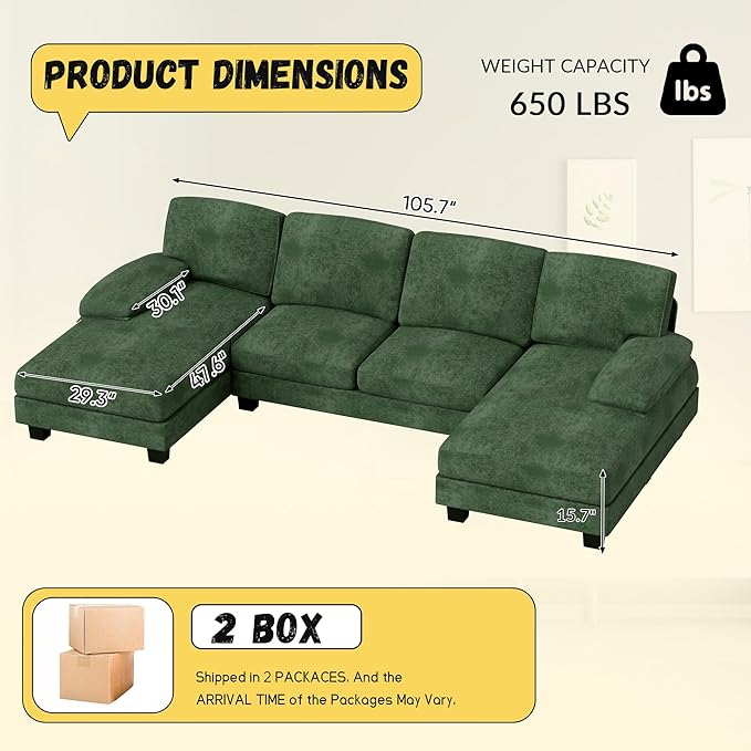 JUMMICO Sectional Couches for Living Room U Shaped Couch with Chenille Fabric 4 Seat Modern Sofa with Removable Pillows for Apartment and Small Space (Fabric Green)