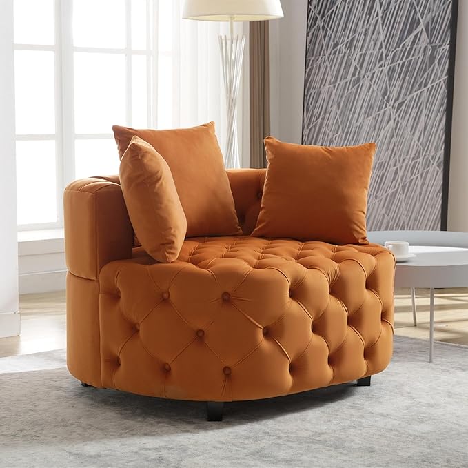 Setawix 40.6 W Round Barrel ChairModern Velvet Upholstered Accent Arm Chairs for Living RoomButton Tufted Club Chair OversizedLuxury Single Lounge Sofa Chair for BedroomOfficeHotel (Orange)