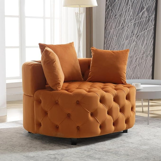 Setawix 40.6 W Round Barrel ChairModern Velvet Upholstered Accent Arm Chairs for Living RoomButton Tufted Club Chair OversizedLuxury Single Lounge Sofa Chair for BedroomOfficeHotel (Orange)