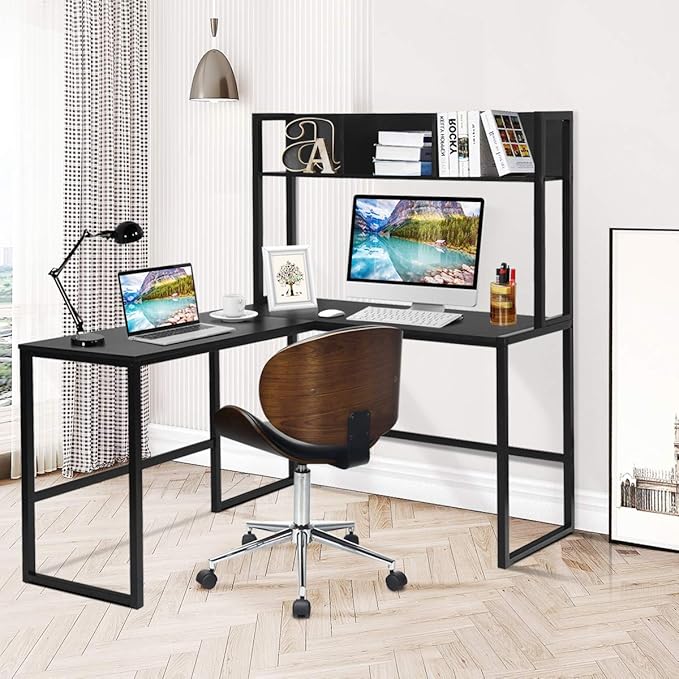 Tangkula Reversible L-Shaped Desk with Hutch Space Saving Corner Computer Desk with Storage Shelves Home Office Study Writing Desk Computer Workstation with Storage Bookshelf Gaming Desk