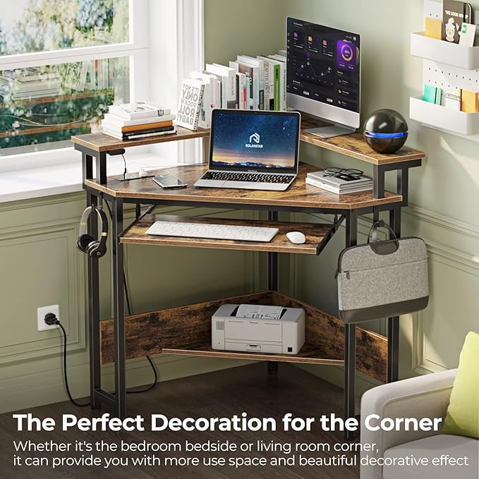 Rolanstar Corner Desk 44.5 W x 34.5 H Small Computer Desk with Power Outlets Gaming Desk with LED Lights Triangle Corner Desk with Keyboard Tray &amp Monitor Stand for Small Space Rustic Brown