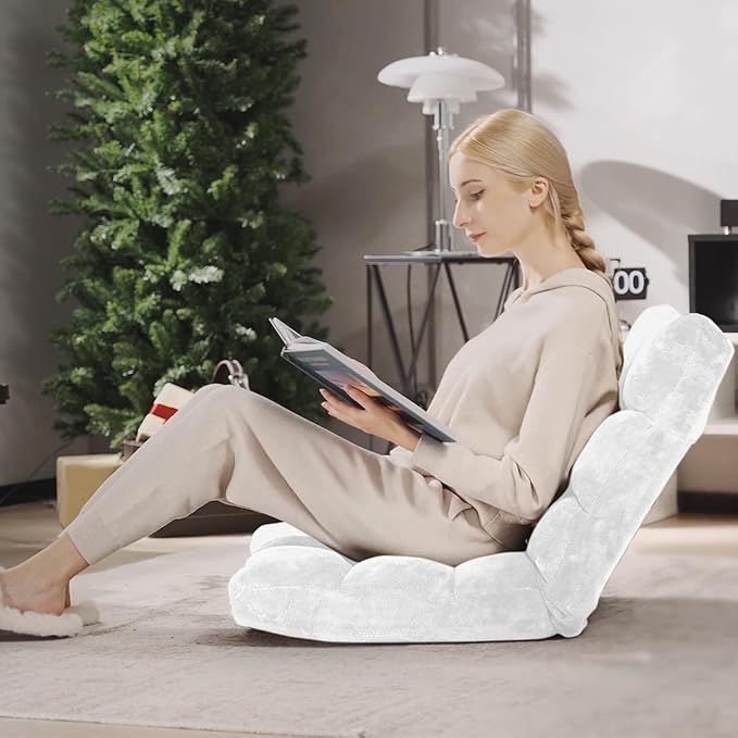 Giantex Floor Chair with Back Support 14 Adjustable Position Padded Sleeper Bed Couch Recliner Folding Gaming Floor Chairs for Adults Living Room Bedroom Yoga Meditation White