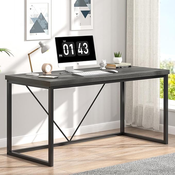 EXCEFUR Modern Home Office Desk Wood and Metal Computer Desk Industrial Writing Study Gaming Table for Living Room Bedroom Rustic Grey 53 inch