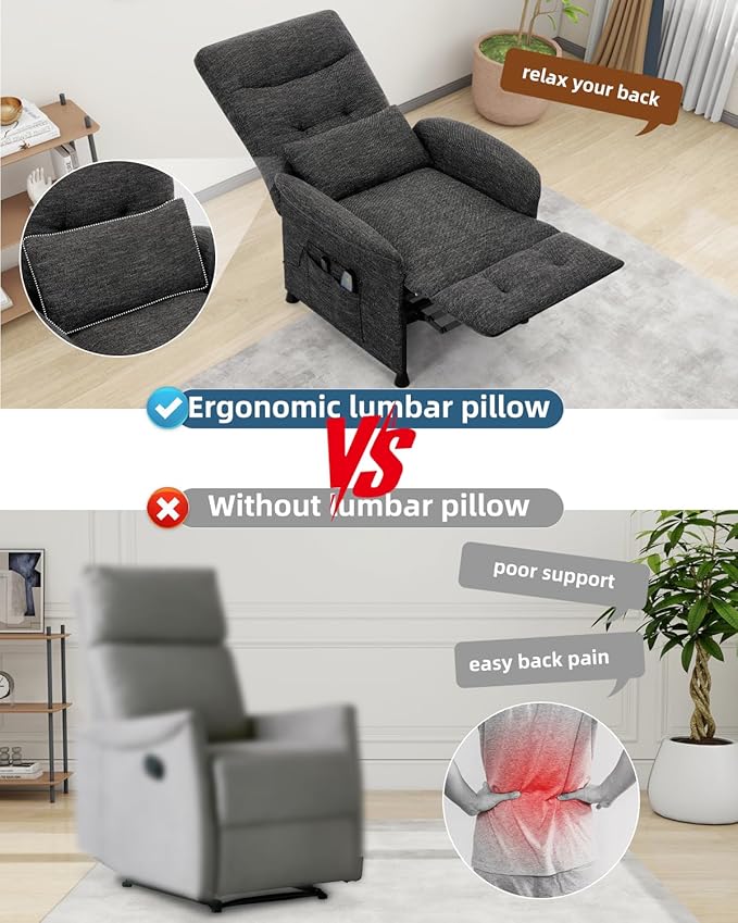 Recliner Chair for Adults Lazy Recliner Ergonomic Adjustable Single Sofa Enhanced with Side Pocket Tall Back Wide Arms &amp Padded Seat (Black Without Massage and Heating)