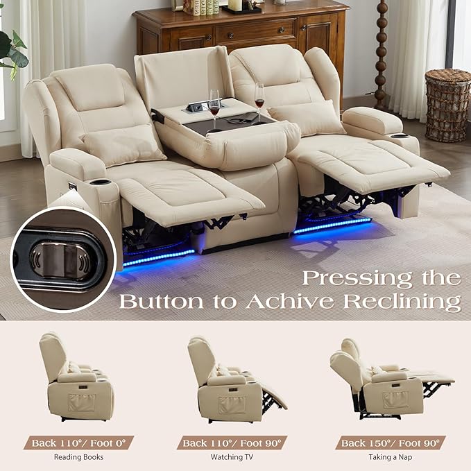 3-Seater Power Recliner Sofa Couch Flip Middle Backrest Reclining Sofa Chair for Living Room with Charging Station/Cup Holders/LED Ambient Light
