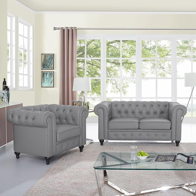 Naomi Home Emery Chesterfield Sofa Set Grey/Loveseat Accent Chair