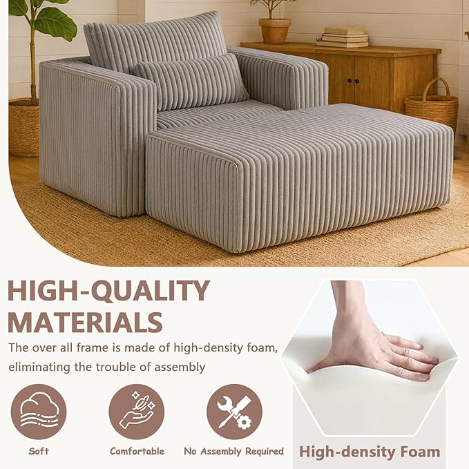 51” Oversized Boneless Chair with Ottoman Big Comfy Accent Chair with Ottoman for Living Room Cloud Chaise Lounge Chair Indoor Plush Pillows|Corduroy (Grey)