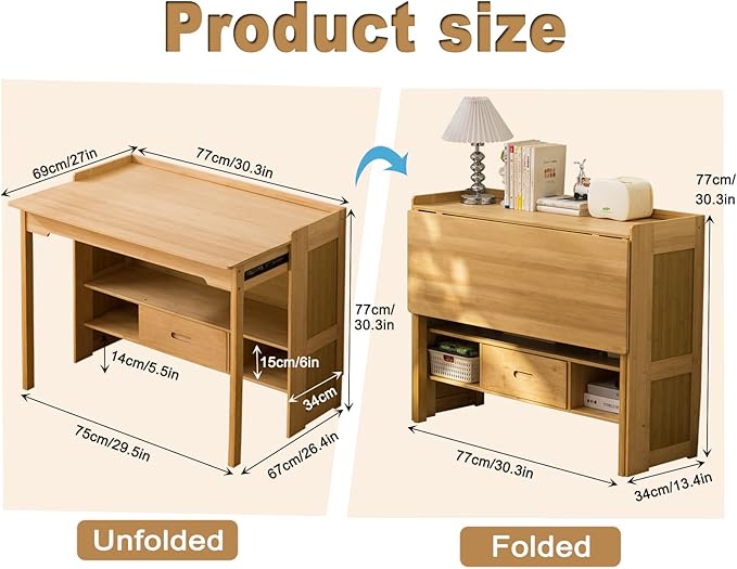 Bamboo Folding Desk with Bookshelf &amp Drawer Small Foldable Computer Table Wooden Space Saving Desks for Home Bedroom Study Office (Natural 30.3″x27″x30.3″)