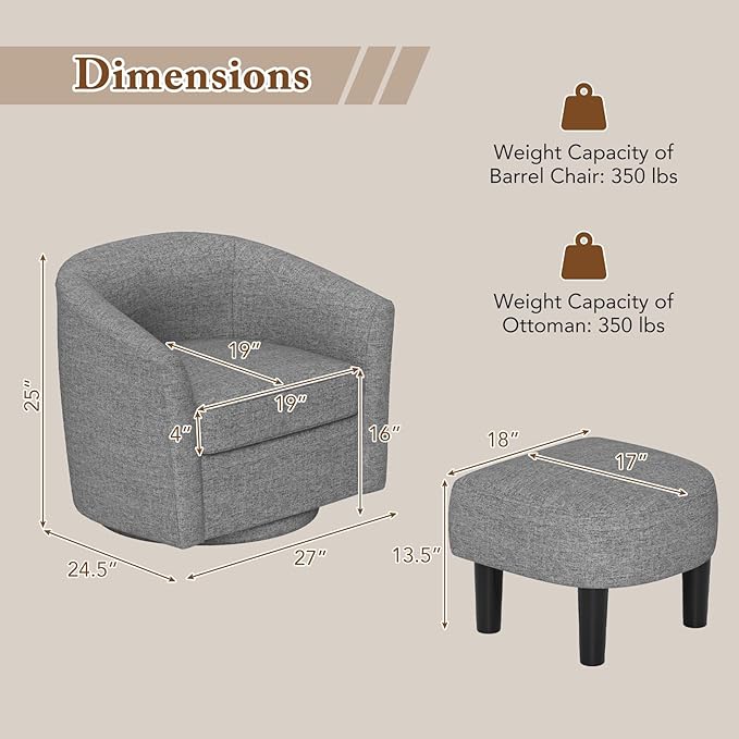 GOFLAME Swivel Barrel Chair with Ottoman Modern Linen Fabric Accent Chair with Footrest Curved Backrest Removable Seat Cushion Upholstered Club Tub Sofa Chair for Bedroom Living Room Grey