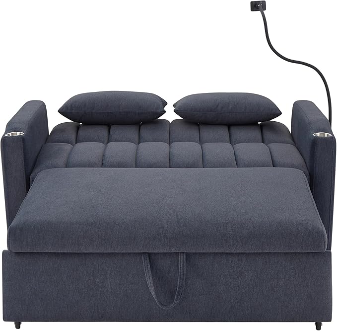 LUMISOL 3-in-1 Convertible Sleeper Sofa Bed 55.9 Loveseat Pull Out Bed with USB Ports Cup Holders Swivel Stand &amp Storage Pockets Modern Tufted Sofa Bed with Pillows Blue Grey
