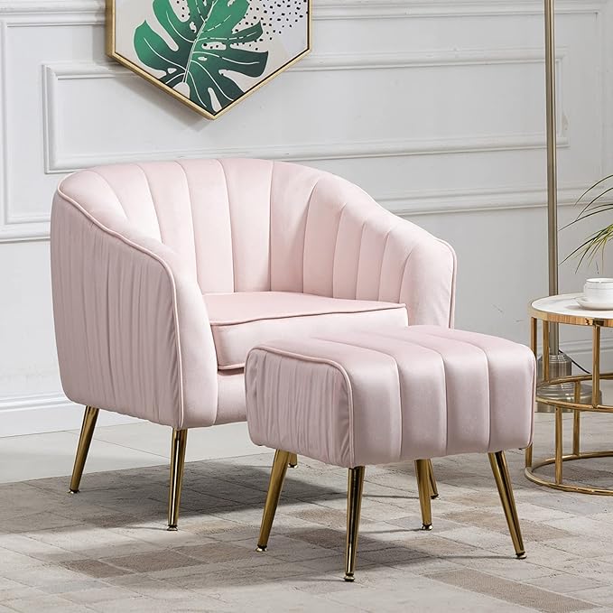 Velvet Accent Sofa Chair with Ottoman Comfy Living Room Chairs with Adjustable Legs Modern Upholstered Tufted Lounge Barrel Chair Ottoman Set for Bedroom Home Office (Pink)