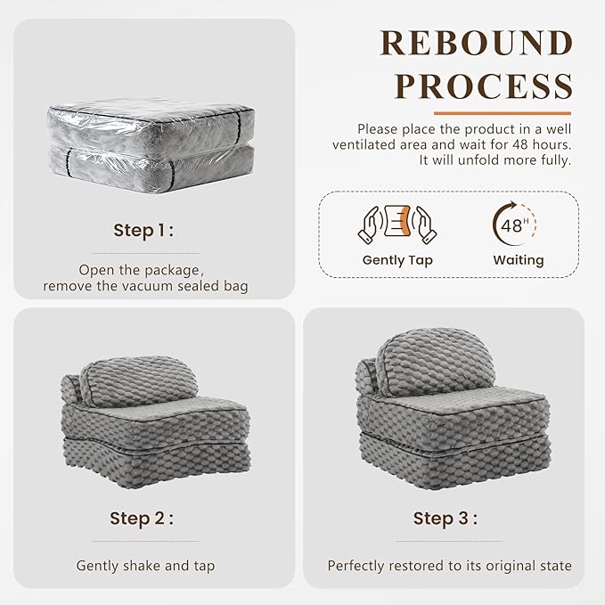 Folding Sofa Bed 3-in-1 Convertible Sleeper Chairs with PillowBack Support Fuzzy Fabric Floor Couch Bed for Adults Boneless Couches Living Room Bedroom Apartment Grey