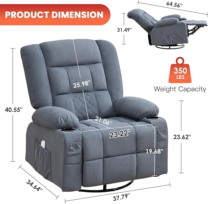 Oversized Recliner Chairs for AdultsSwivel Rocking Chair Recliner with Wide Arms&amp Backrest Fabric Reclining Chair with Pockets Lazy Boy Recliners for Living Room Bedroom (Regular Blue)