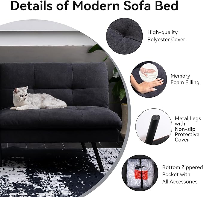 Hcore Polyester Memory Foam Convertible Futon Sofa Bed Small Splitback Loveseat 68 L x 32.3 W x 30.7 H Black
