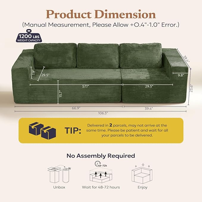 106 3-Seater Sofa Cloud Modular Sofa with Certified Foam Upholstered Floor Sofa with Deep Seat Sofa for Bedroom Living Room No Assembly Required (Green Plush Corduroy Fabric)